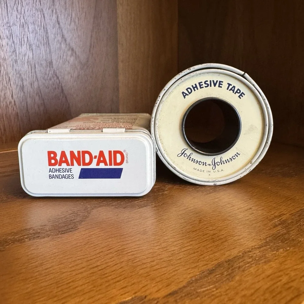 Vintage Johnson & Johnson Band Aid Plastic Bandages & Adhesive Tape Metal Tins